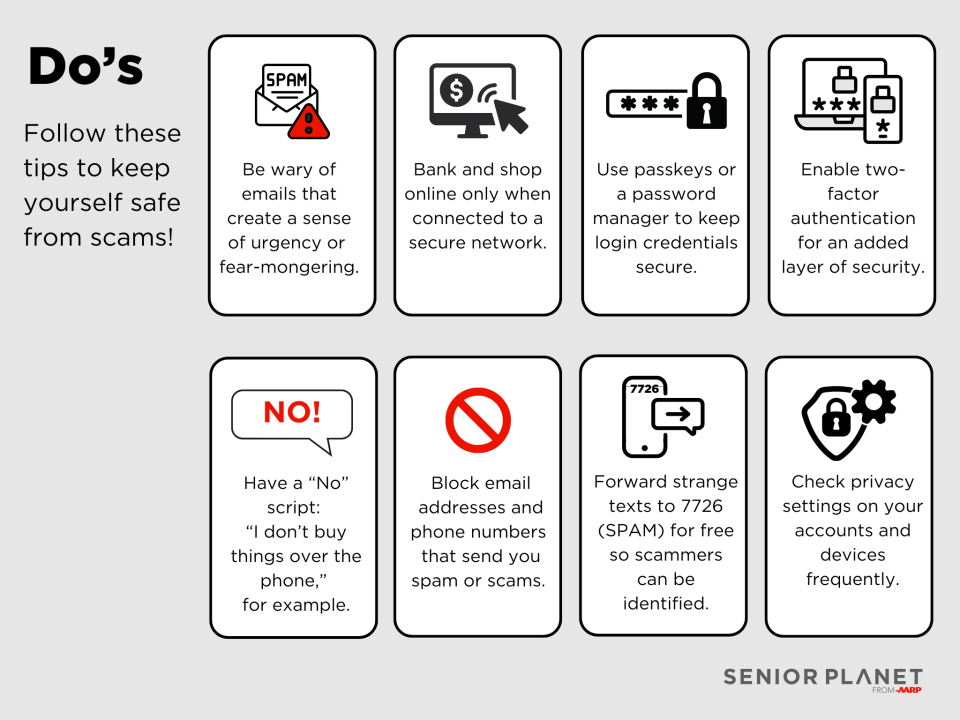infographic with tips for scam prevention - what to do
